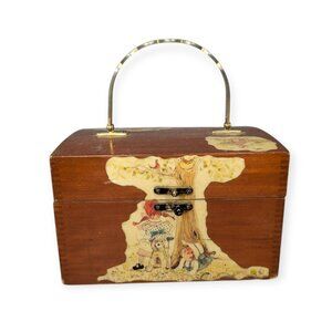 Vintage 70s Decoupage Wood Purse w/ Metal Handle & Felt Lining 9" x 5.5" x 6"